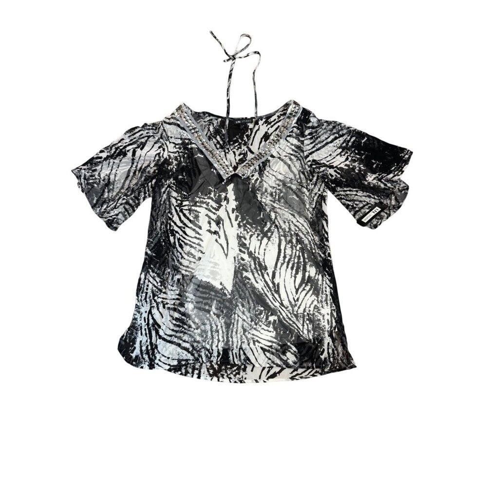 I.N. Studio Zebra Print Sheer Women’s Blouse S Black/White Embellished Beaded Tr